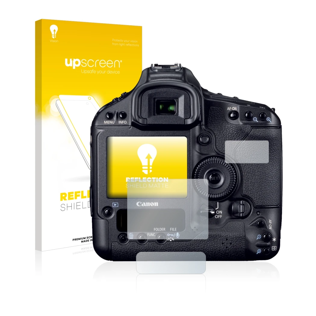 Vorderseite einer Produktverpackung mit dem Markenlogo upscreen. Daneben ist das Gerät Canon EOS 1D Mark IV mit dem zugehörige