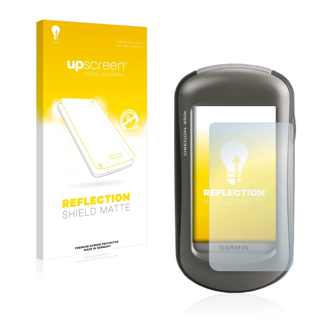 Vorderseite einer Produktverpackung mit dem Markenlogo upscreen. Daneben ist das Gerät Garmin Oregon 450 mit dem zugehörigen D