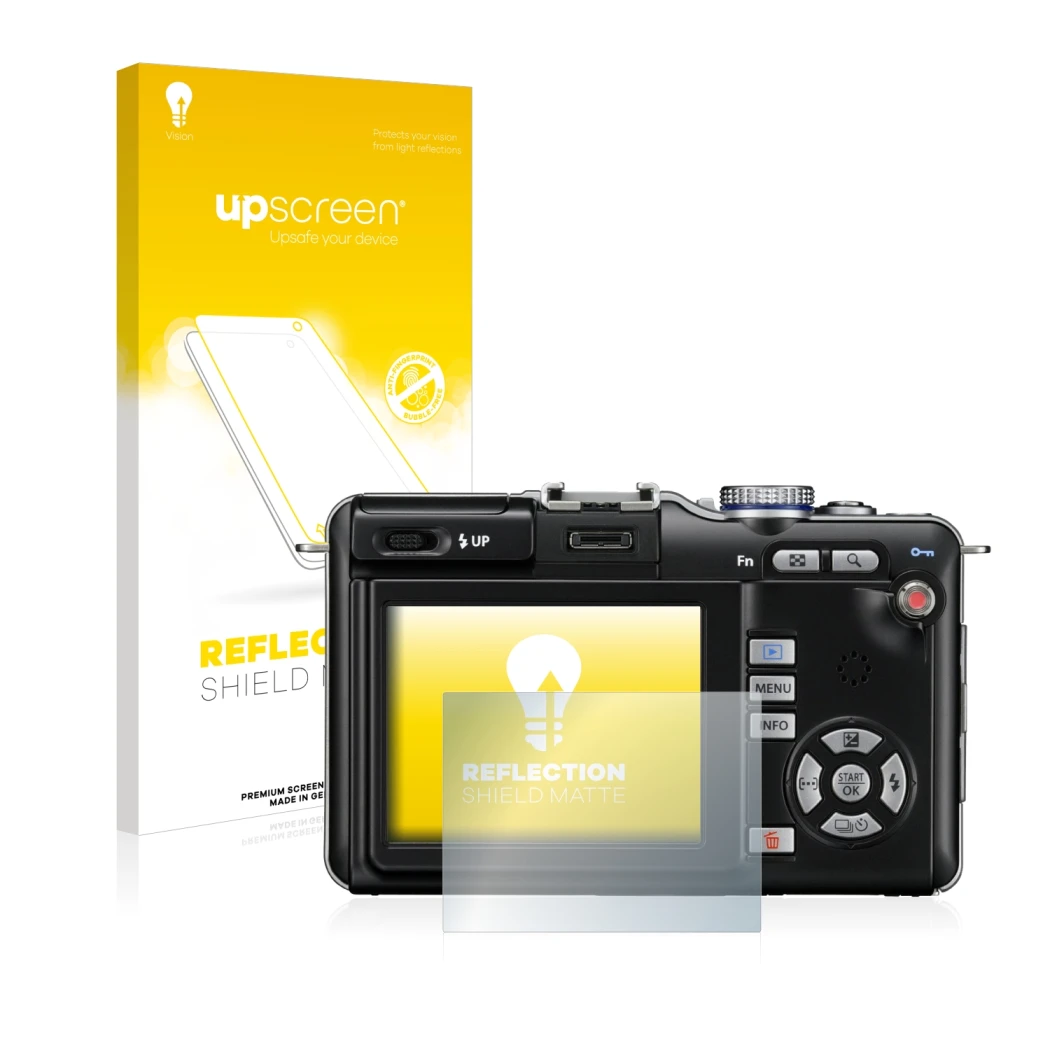 Vorderseite einer Produktverpackung mit dem Markenlogo upscreen. Daneben ist das Gerät Olympus PEN E-PL1 mit dem zugehörigen D