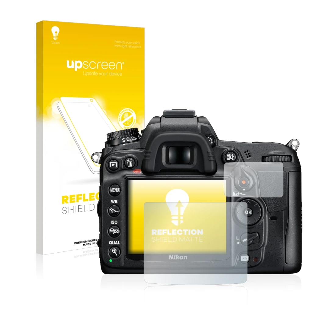 Vorderseite einer Produktverpackung mit dem Markenlogo upscreen. Daneben ist das Gerät Nikon D7000 mit dem zugehörigen Display