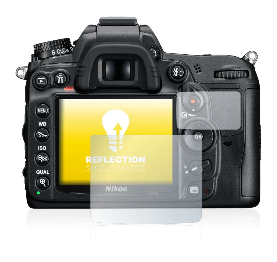 Abbildung des Geräts Nikon D7000 mit einer Vielzahl des Displayschutzes.
