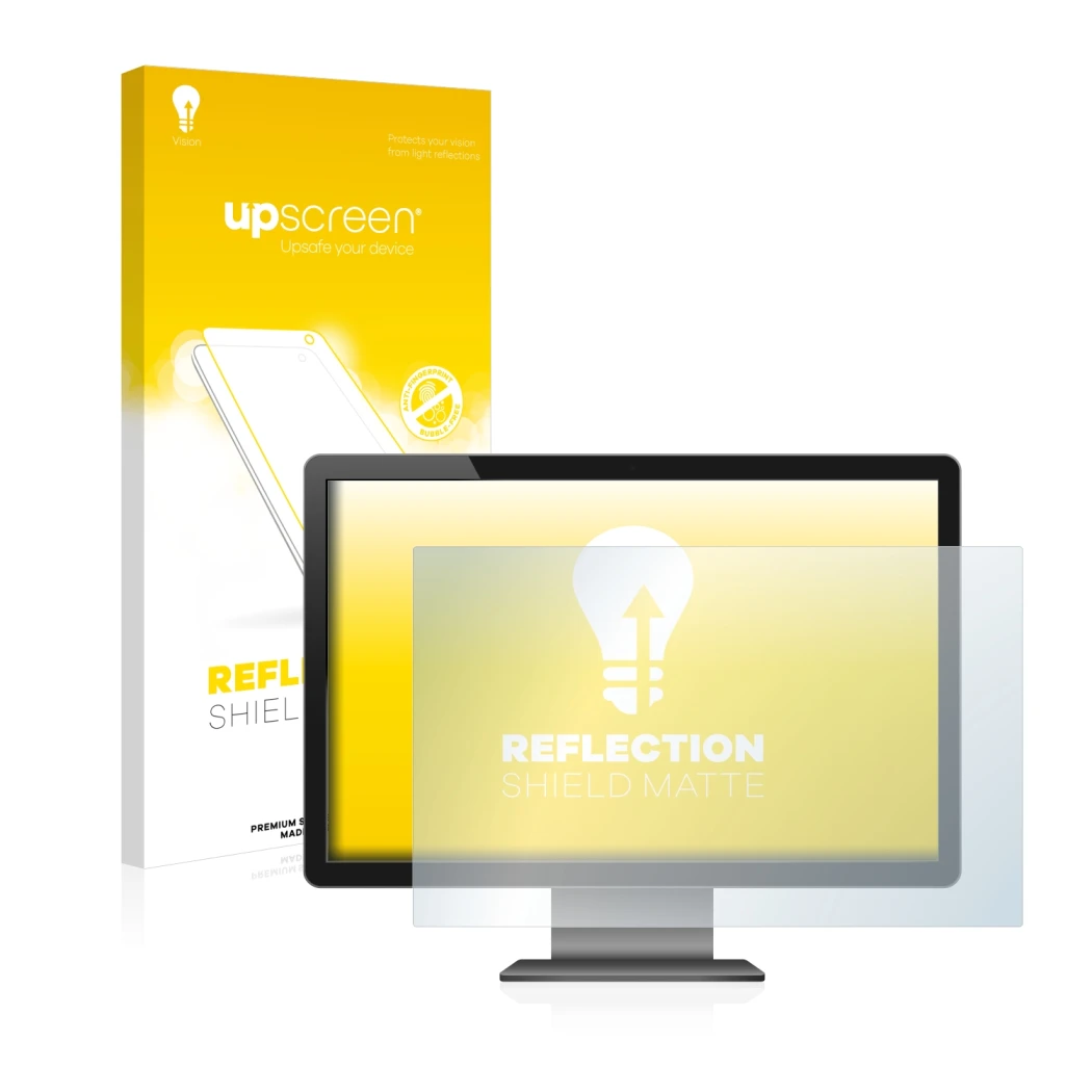 Vorderseite einer Produktverpackung mit dem Markenlogo upscreen. Daneben ist das Gerät mit dem zugehörigen Displayschutz abgeb