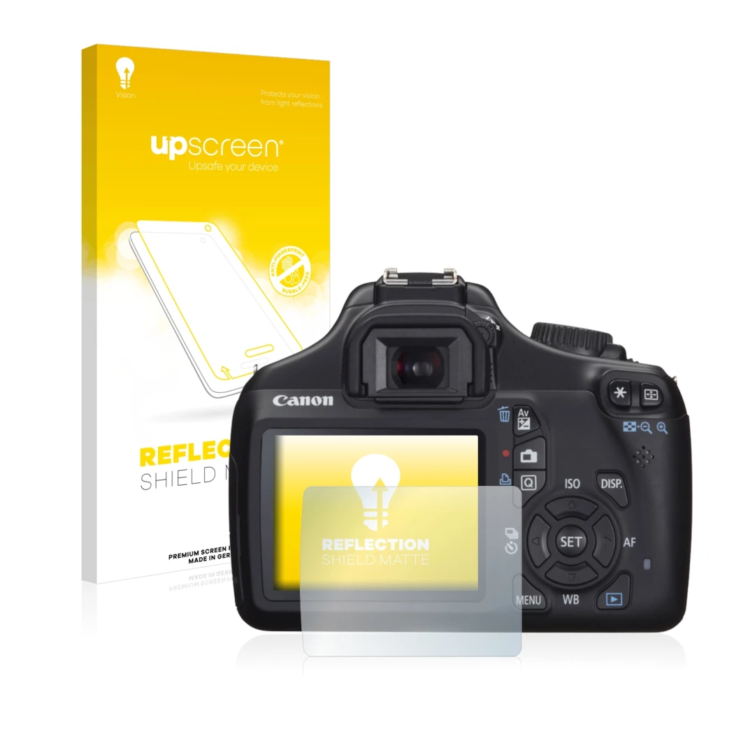 Vorderseite einer Produktverpackung mit dem Markenlogo upscreen. Daneben ist das Gerät Canon EOS 1100D mit dem zugehörigen Dis