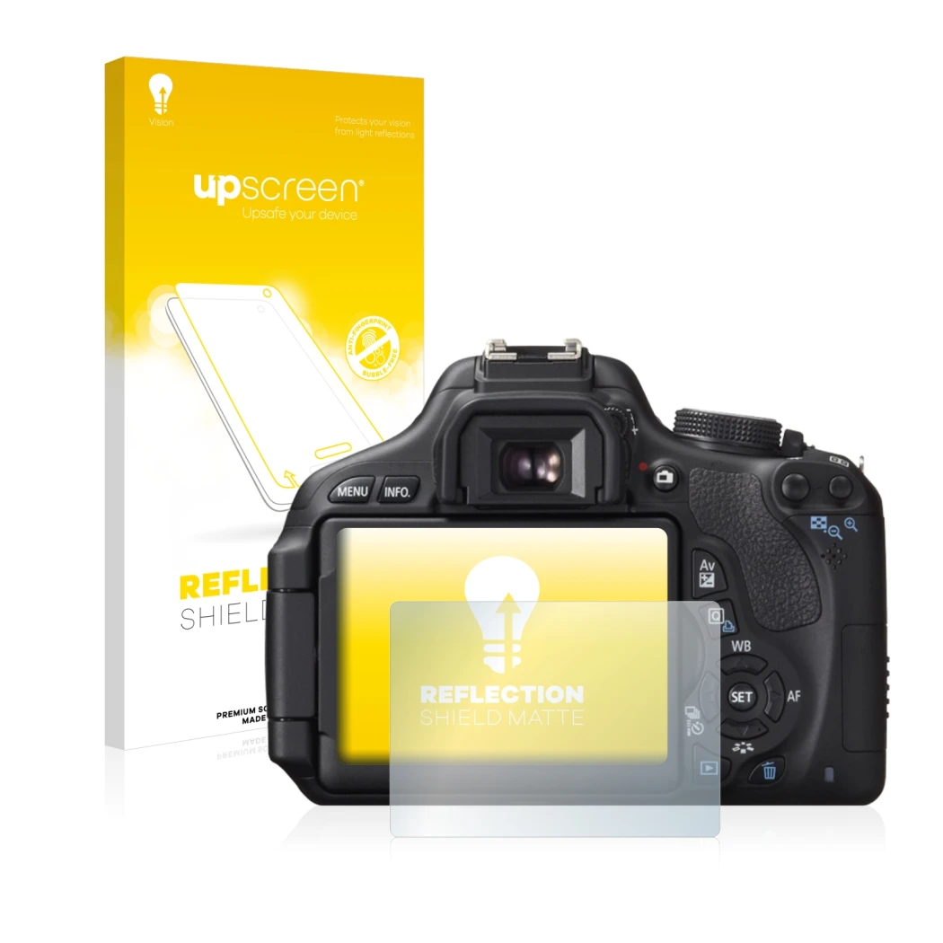 Vorderseite einer Produktverpackung mit dem Markenlogo upscreen. Daneben ist das Gerät Canon EOS 600D mit dem zugehörigen Disp