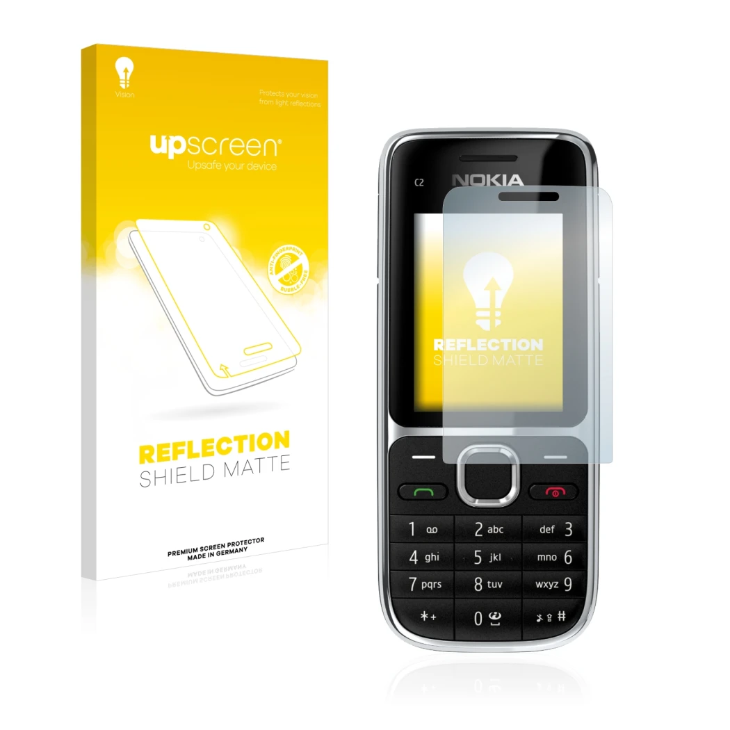 Vorderseite einer Produktverpackung mit dem Markenlogo upscreen. Daneben ist das Gerät Nokia C2-01 mit dem zugehörigen Display