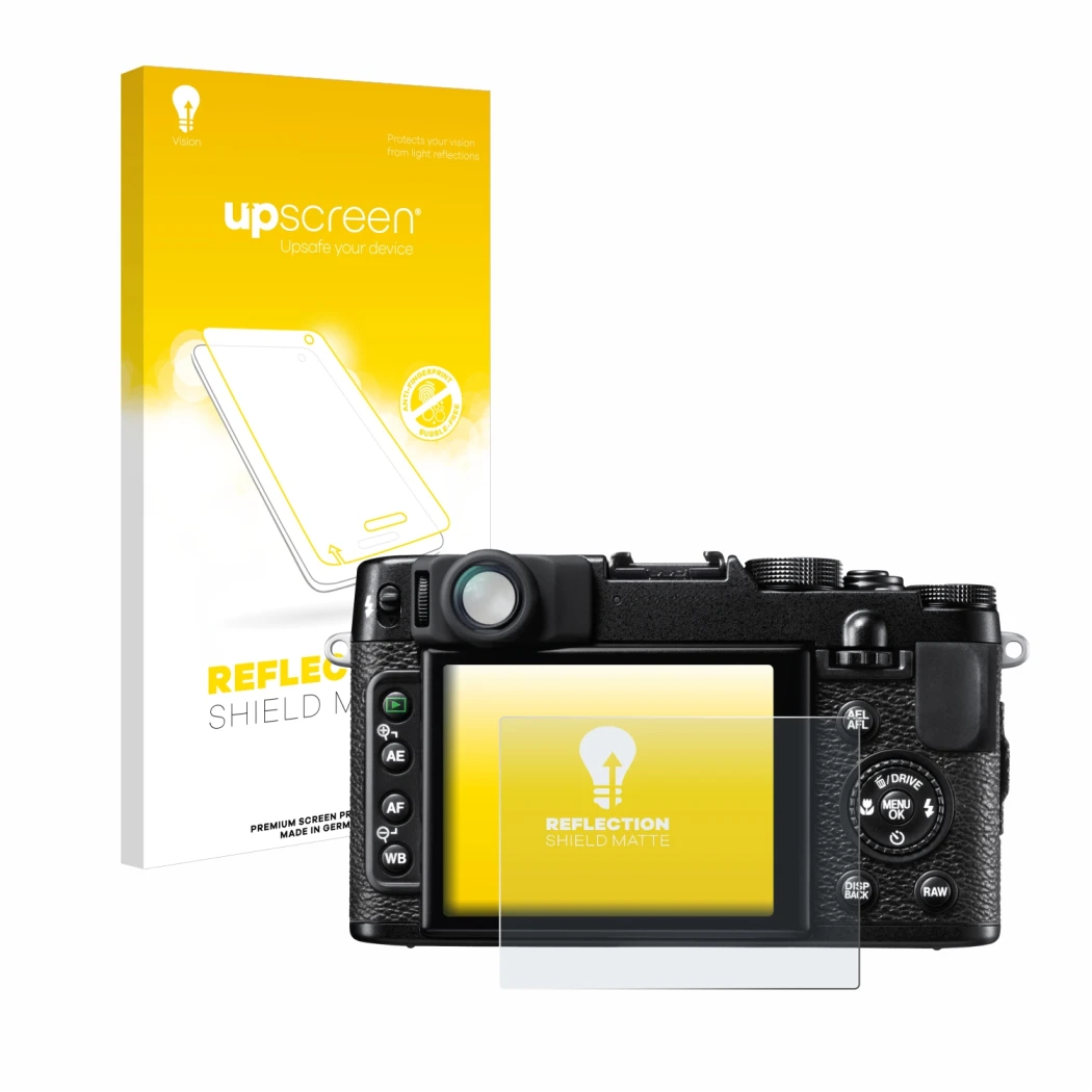 Vorderseite einer Produktverpackung mit dem Markenlogo upscreen. Daneben ist das Gerät Fujifilm FinePix X10 mit dem zugehörige