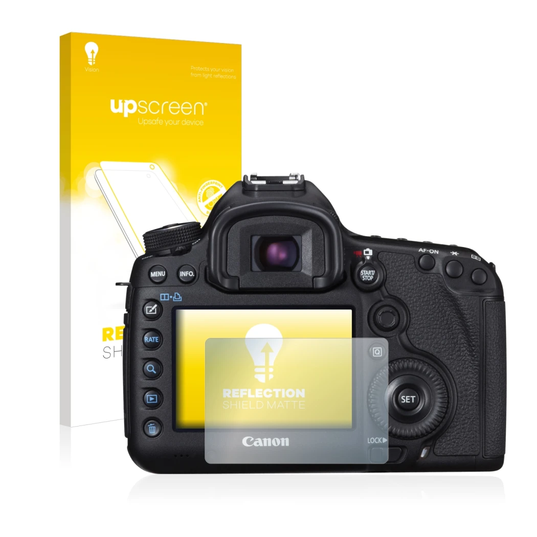 Vorderseite einer Produktverpackung mit dem Markenlogo upscreen. Daneben ist das Gerät Canon EOS 5D Mark III mit dem zugehörig
