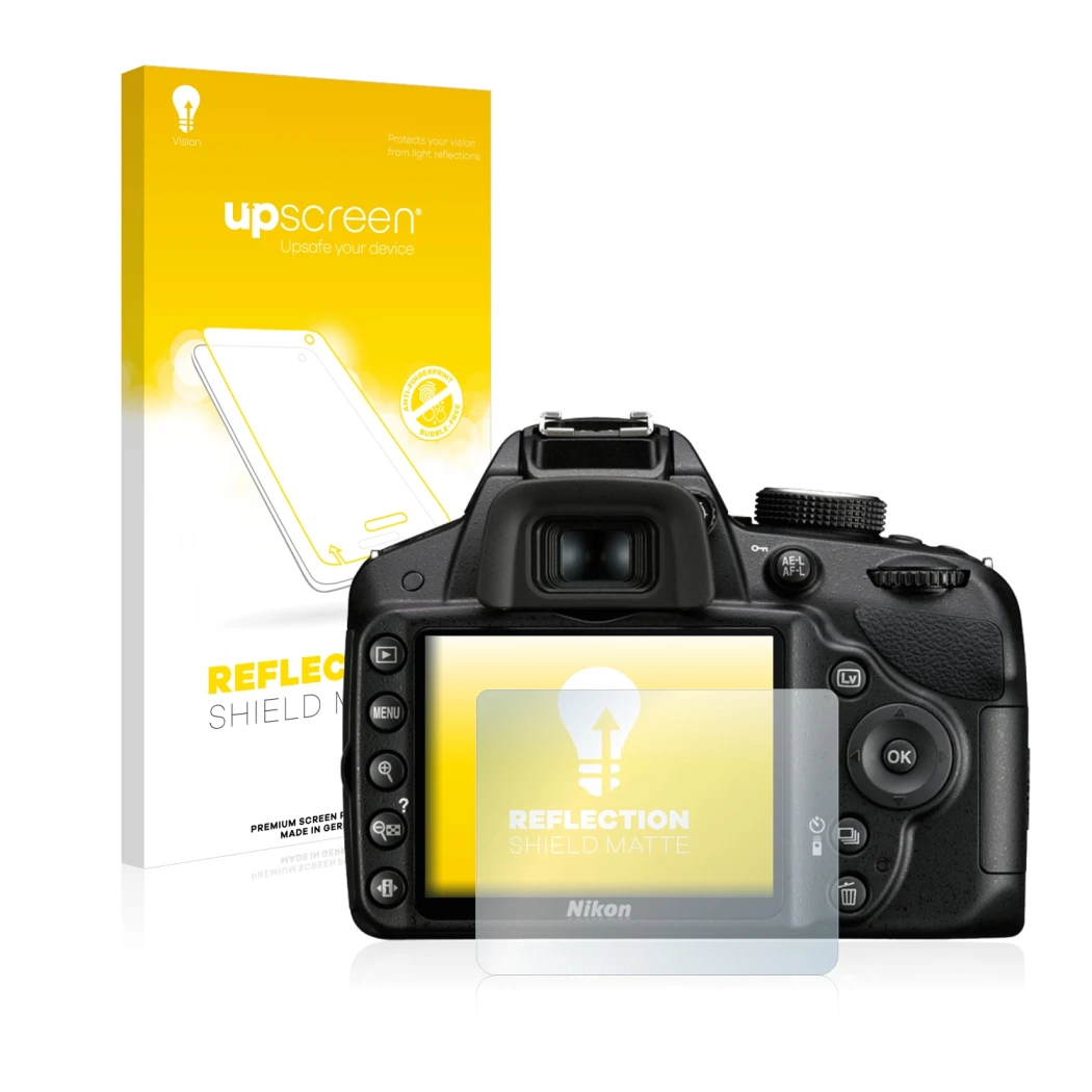 Vorderseite einer Produktverpackung mit dem Markenlogo upscreen. Daneben ist das Gerät Nikon D3200 mit dem zugehörigen Display