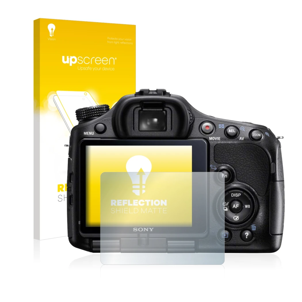 Vorderseite einer Produktverpackung mit dem Markenlogo upscreen. Daneben ist das Gerät Sony Alpha 57 (SLT-A57) mit dem zugehör