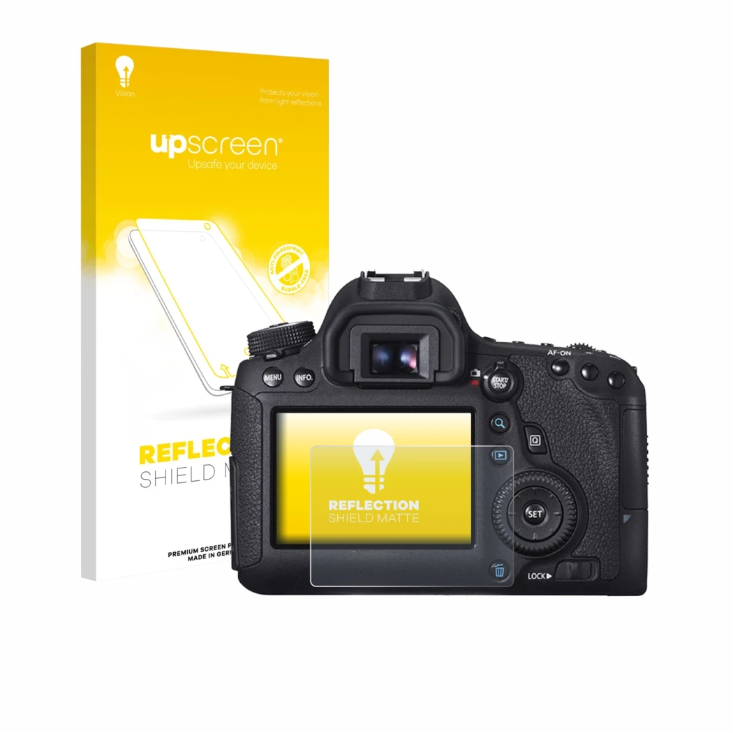 Vorderseite einer Produktverpackung mit dem Markenlogo upscreen. Daneben ist das Gerät Canon EOS 6D mit dem zugehörigen Displa