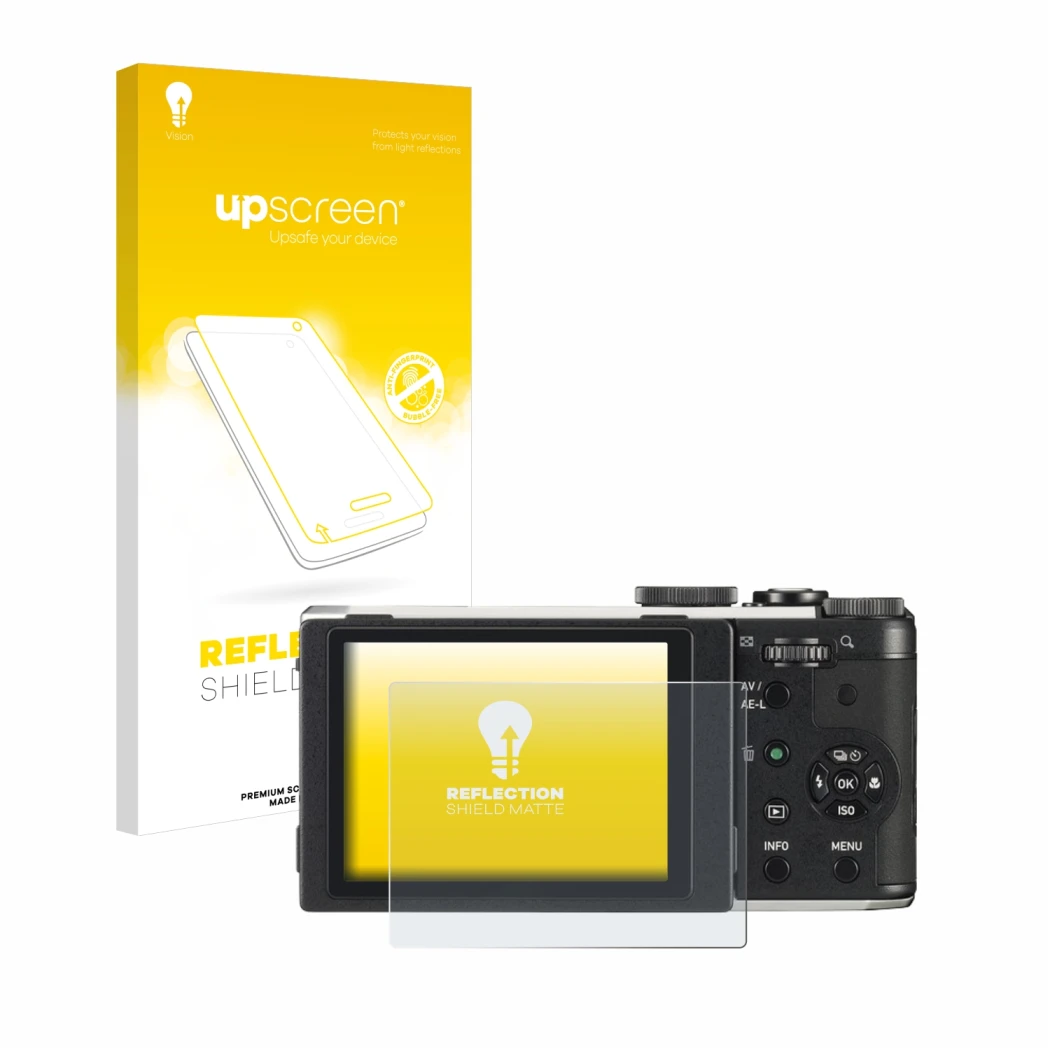 Vorderseite einer Produktverpackung mit dem Markenlogo upscreen. Daneben ist das Gerät Pentax MX-1 mit dem zugehörigen Display