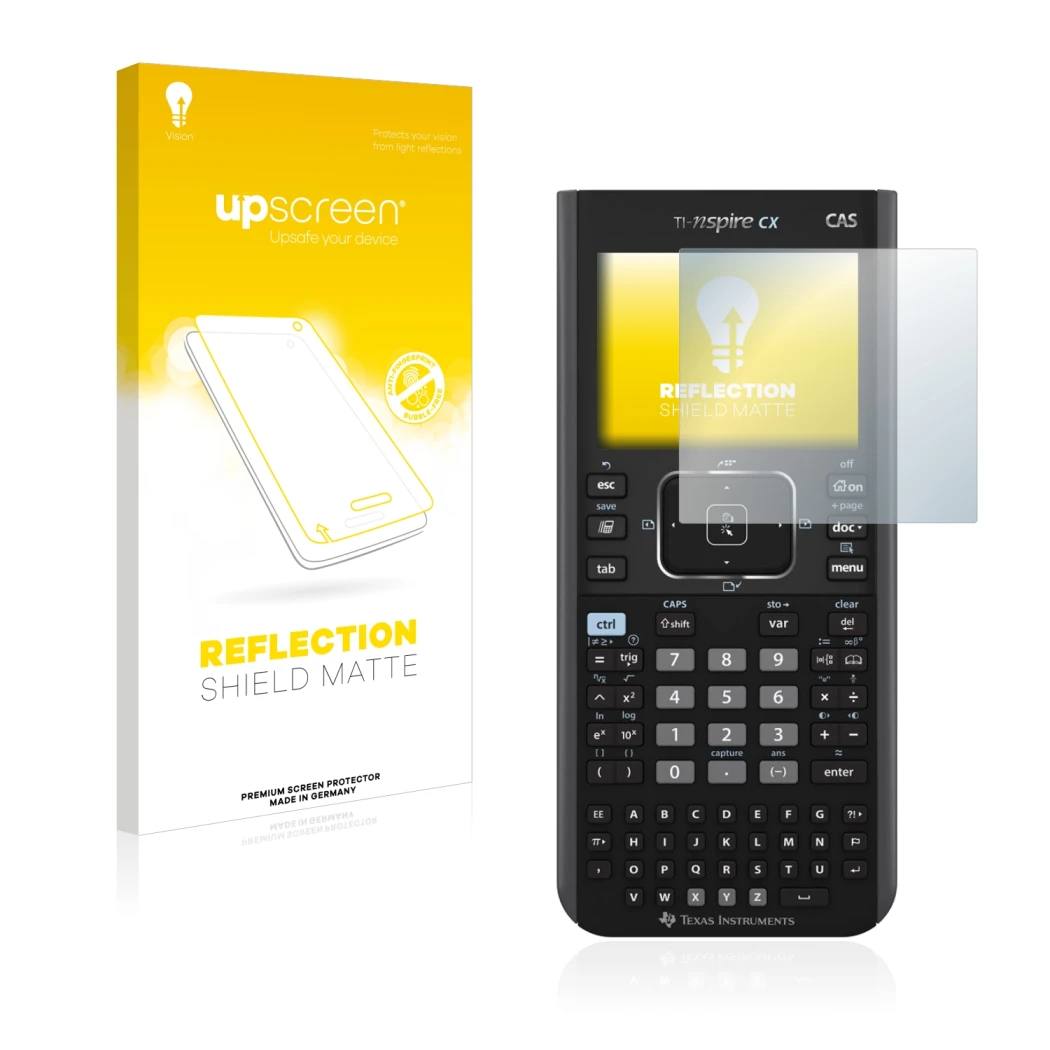 Vorderseite einer Produktverpackung mit dem Markenlogo upscreen. Daneben ist das Gerät Texas Instruments Nspire CX CAS mit dem