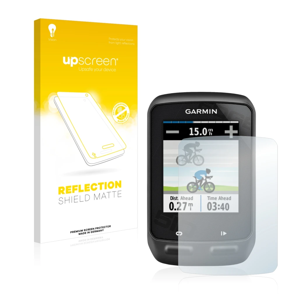 Vorderseite einer Produktverpackung mit dem Markenlogo upscreen. Daneben ist das Gerät Garmin Edge 510 mit dem zugehörigen Dis