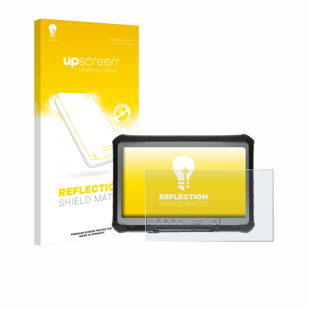 Vorderseite einer Produktverpackung mit dem Markenlogo upscreen. Daneben ist das Gerät Panasonic Toughbook CF-D1 mit dem zugeh