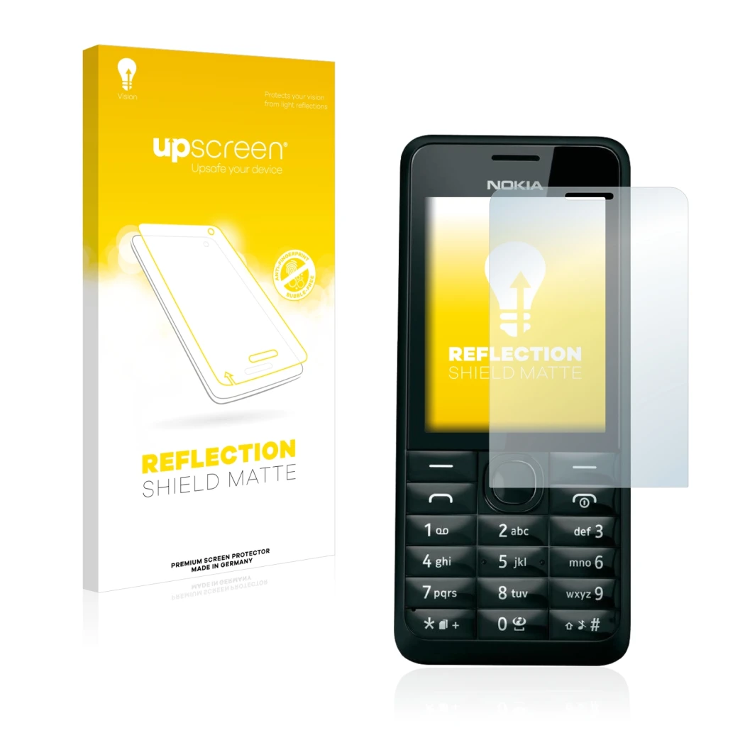 Vorderseite einer Produktverpackung mit dem Markenlogo upscreen. Daneben ist das Gerät Nokia 301 mit dem zugehörigen Displaysc
