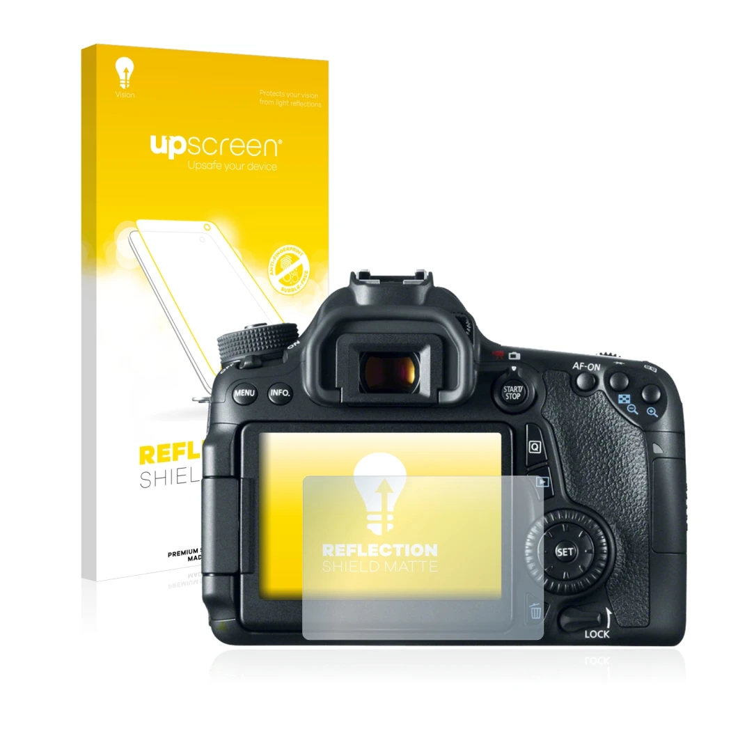 Vorderseite einer Produktverpackung mit dem Markenlogo upscreen. Daneben ist das Gerät Canon EOS 70D mit dem zugehörigen Displ