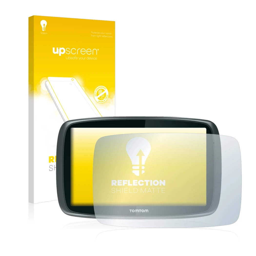 Vorderseite einer Produktverpackung mit dem Markenlogo upscreen. Daneben ist das Gerät TomTom GO 6000 mit dem zugehörigen Disp