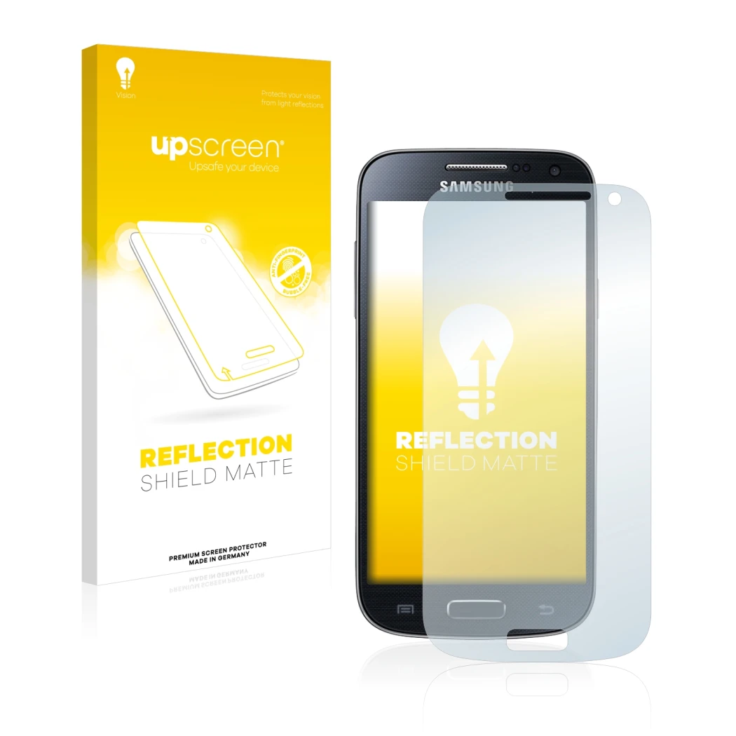 Vorderseite einer Produktverpackung mit dem Markenlogo upscreen. Daneben ist das Gerät Samsung Galaxy S4 Mini LTE (4G) I9195 m