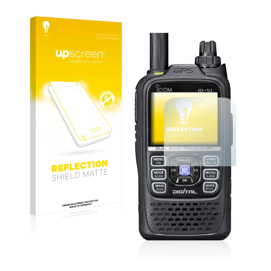 Vorderseite einer Produktverpackung mit dem Markenlogo upscreen. Daneben ist das Gerät Icom ID-51 mit dem zugehörigen Displays