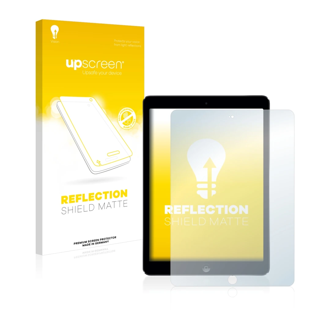 Vorderseite einer Produktverpackung mit dem Markenlogo upscreen. Daneben ist das Gerät Apple iPad Air 2013 mit dem zugehörigen