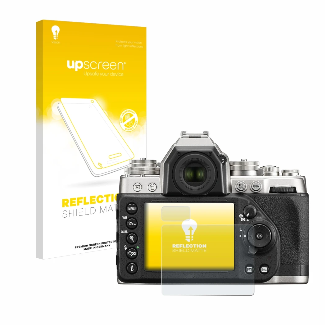 Vorderseite einer Produktverpackung mit dem Markenlogo upscreen. Daneben ist das Gerät Nikon Df mit dem zugehörigen Displaysch