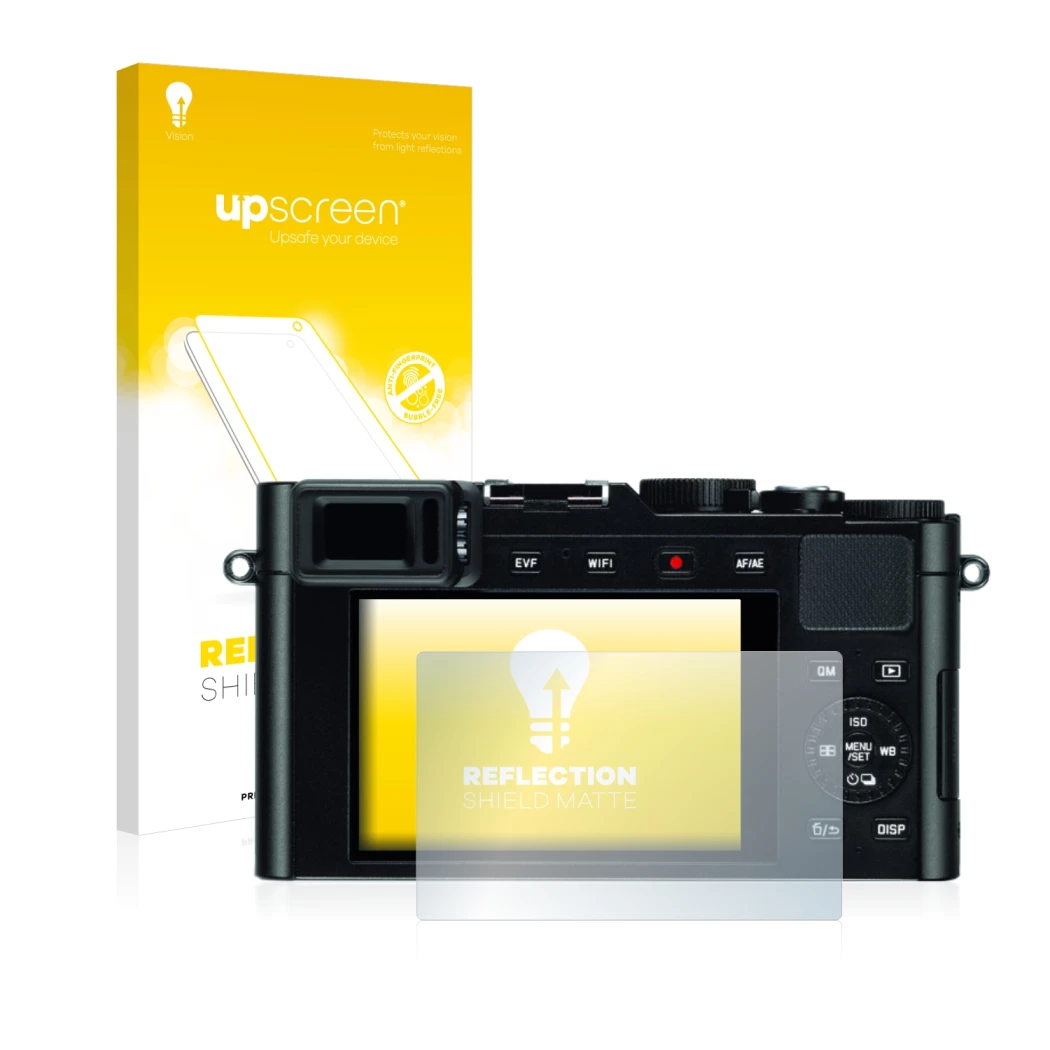 Vorderseite einer Produktverpackung mit dem Markenlogo upscreen. Daneben ist das Gerät Leica D-Lux (Typ 109) mit dem zugehörig