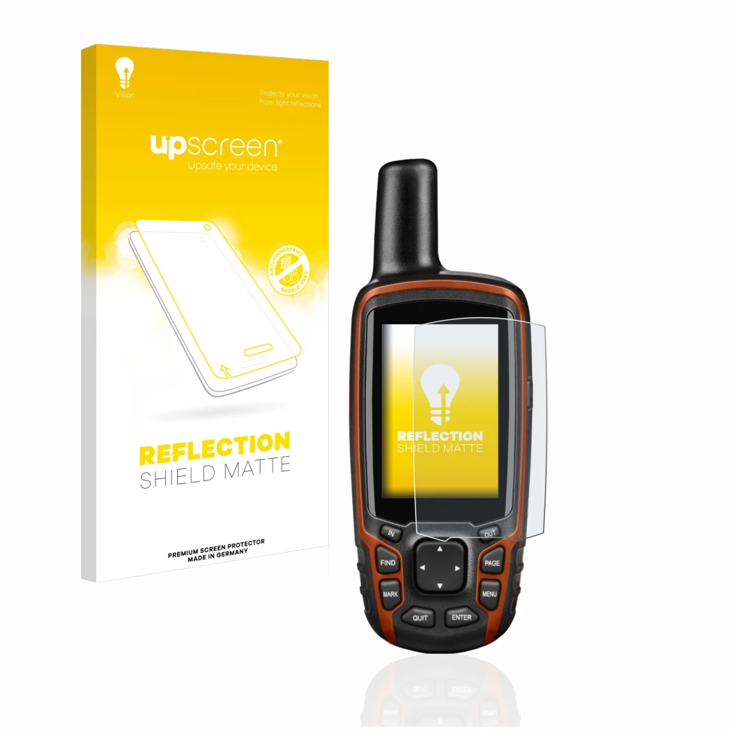 Vorderseite einer Produktverpackung mit dem Markenlogo upscreen. Daneben ist das Gerät Garmin GPSMAP 64s mit dem zugehörigen D