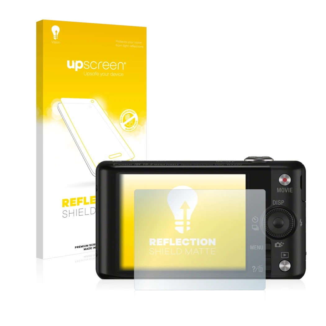 Vorderseite einer Produktverpackung mit dem Markenlogo upscreen. Daneben ist das Gerät Sony Cyber-Shot DSC-WX220 mit dem zugeh