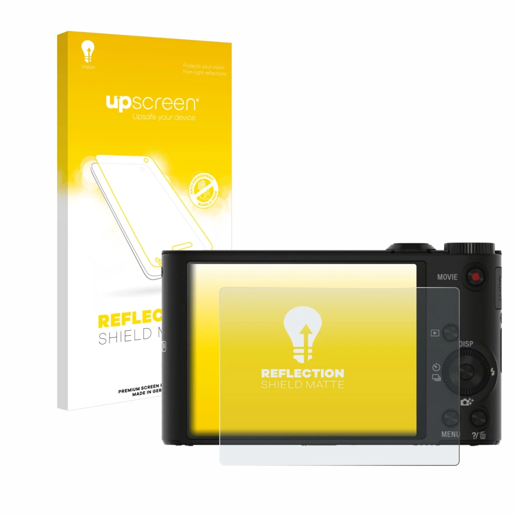Vorderseite einer Produktverpackung mit dem Markenlogo upscreen. Daneben ist das Gerät Sony Cyber-Shot DSC-WX350 mit dem zugeh