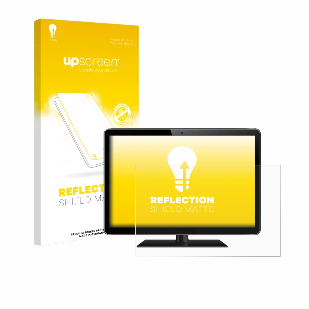 Vorderseite einer Produktverpackung mit dem Markenlogo upscreen. Daneben ist das Gerät mit dem zugehörigen Displayschutz abgeb