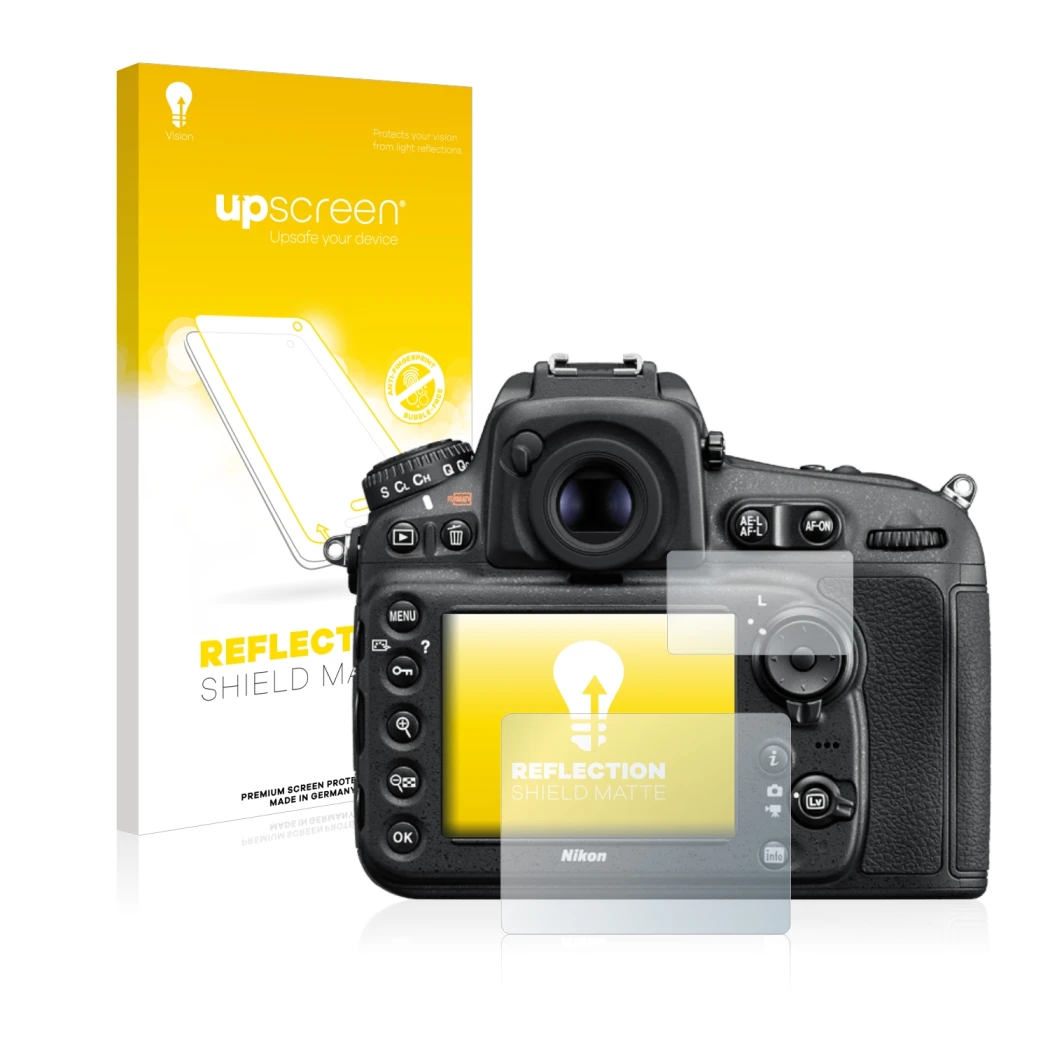 Vorderseite einer Produktverpackung mit dem Markenlogo upscreen. Daneben ist das Gerät Nikon D810 mit dem zugehörigen Displays