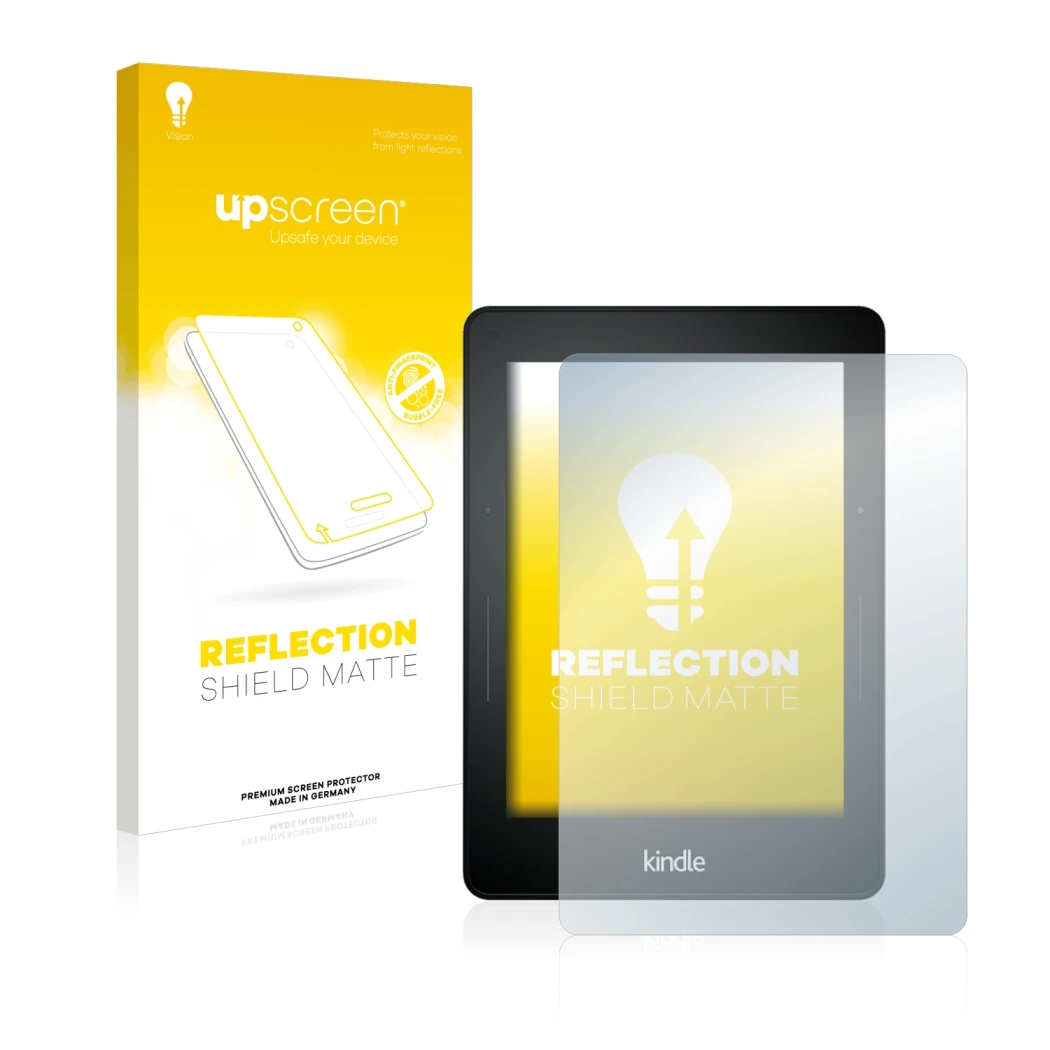 Vorderseite einer Produktverpackung mit dem Markenlogo upscreen. Daneben ist das Gerät Amazon Kindle Voyage mit dem zugehörige