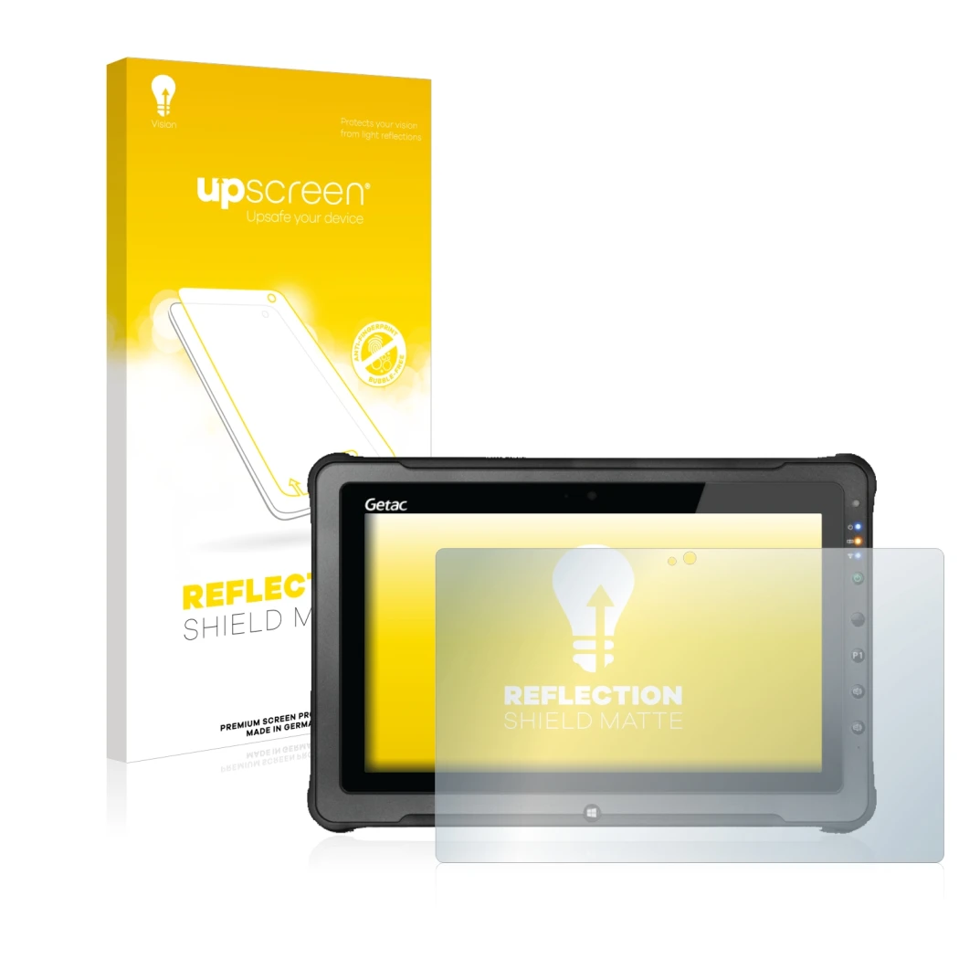 Vorderseite einer Produktverpackung mit dem Markenlogo upscreen. Daneben ist das Gerät Getac F110 G5 mit dem zugehörigen Displ