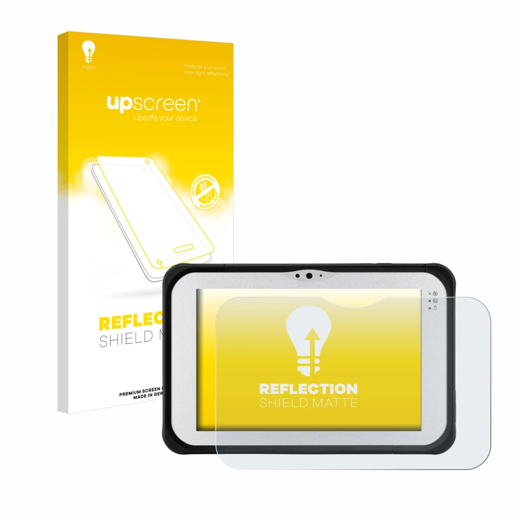 Vorderseite einer Produktverpackung mit dem Markenlogo upscreen. Daneben ist das Gerät Panasonic Toughpad FZ-M1 mit dem zugehö