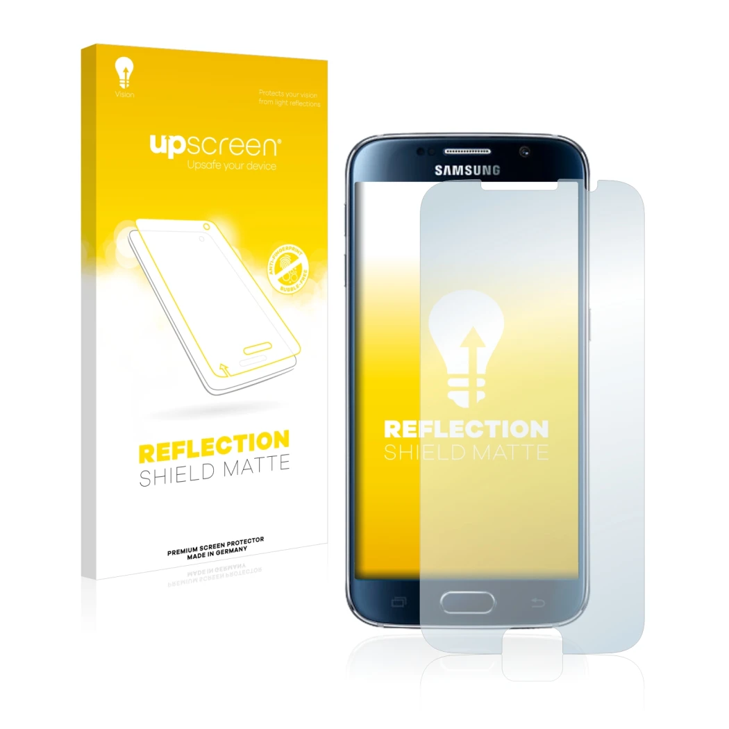 Vorderseite einer Produktverpackung mit dem Markenlogo upscreen. Daneben ist das Gerät Samsung Galaxy S6 mit dem zugehörigen D