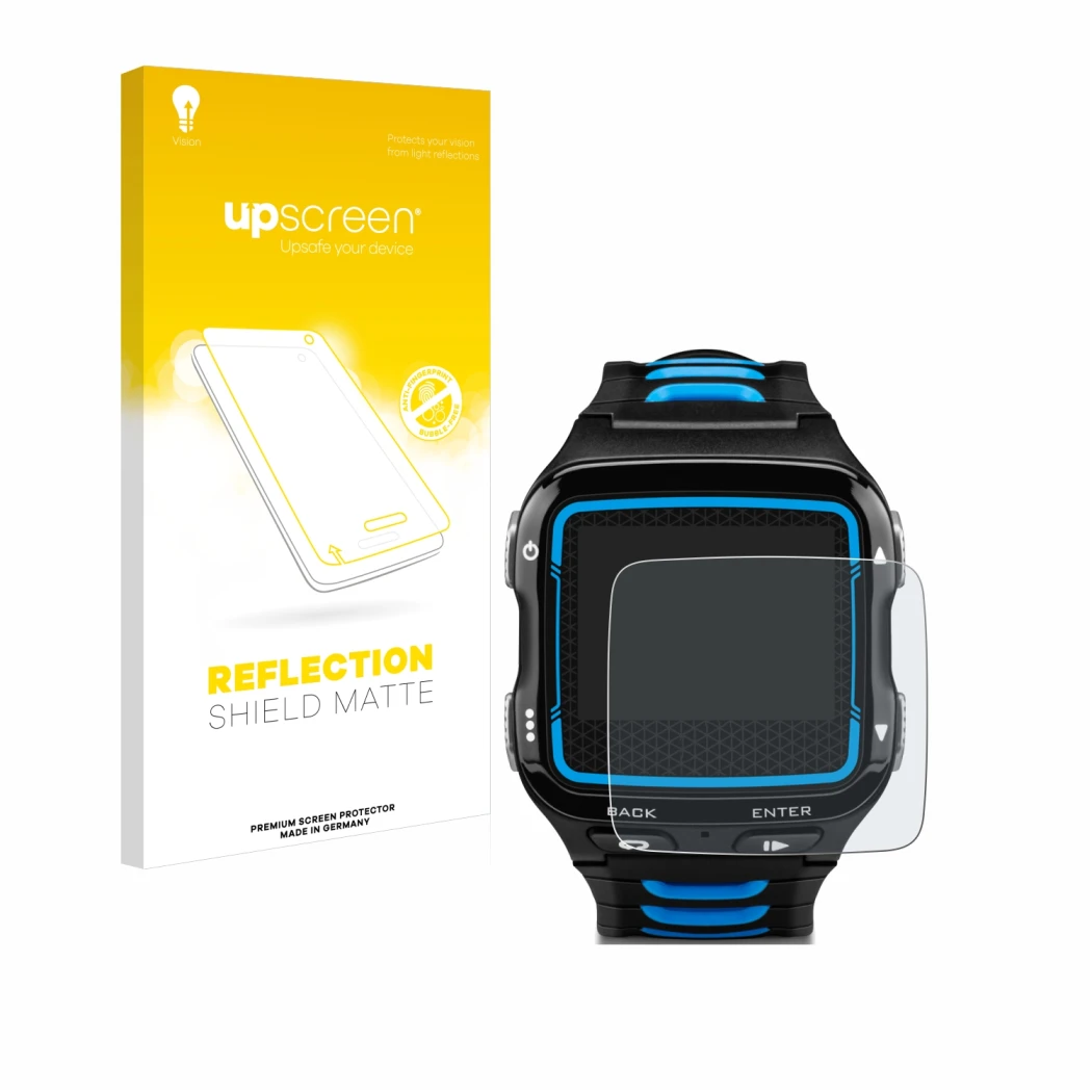 Vorderseite einer Produktverpackung mit dem Markenlogo upscreen. Daneben ist das Gerät Garmin Forerunner 920XT mit dem zugehör