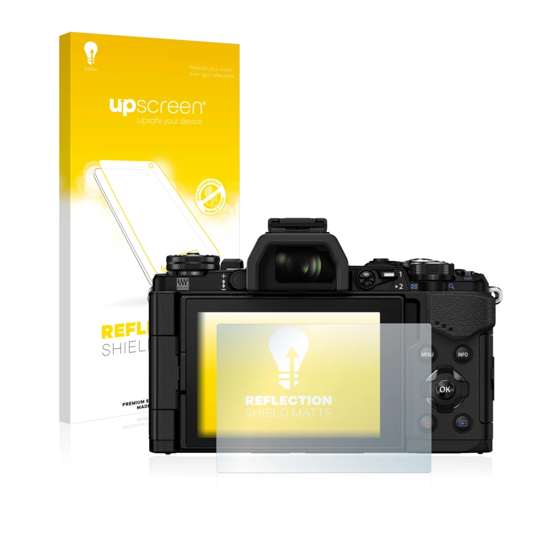 Vorderseite einer Produktverpackung mit dem Markenlogo upscreen. Daneben ist das Gerät Olympus OM-D E-M5 Mark II mit dem zugeh