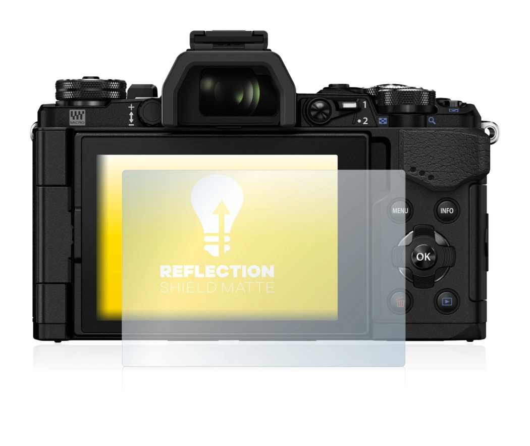Abbildung des Geräts Olympus OM-D E-M5 Mark II mit einer Vielzahl des Displayschutzes.