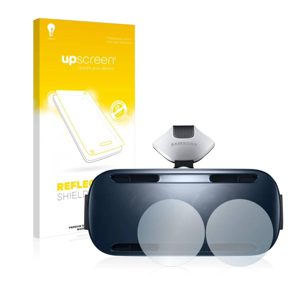 Vorderseite einer Produktverpackung mit dem Markenlogo upscreen. Daneben ist das Gerät Samsung Gear VR mit dem zugehörigen Dis