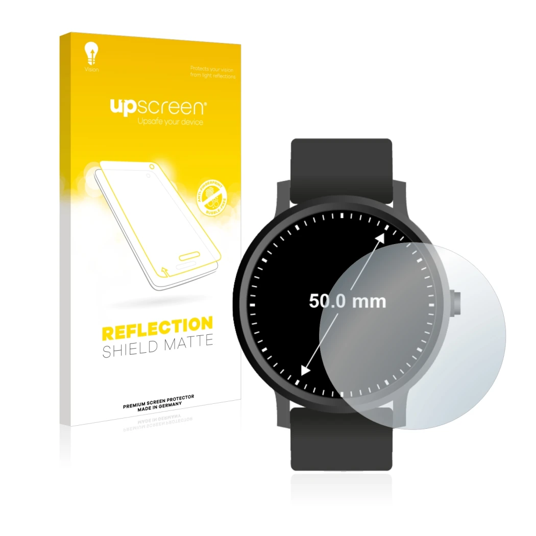 Vorderseite einer Produktverpackung mit dem Markenlogo upscreen. Daneben ist das Gerät Armbanduhren (Kreisrund, ø: 50 mm) mit 