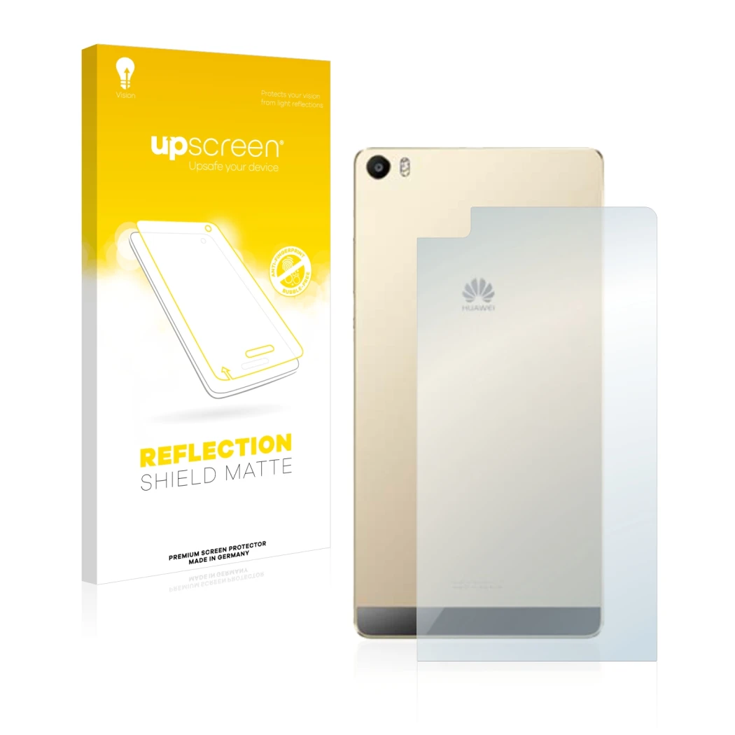 Vorderseite einer Produktverpackung mit dem Markenlogo upscreen. Daneben ist das Gerät Huawei P8 Max (Rückseite) mit dem zugeh