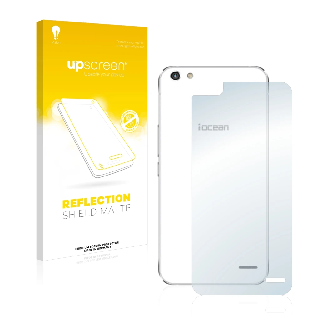 Vorderseite einer Produktverpackung mit dem Markenlogo upscreen. Daneben ist das Gerät iOcean X9 (Rückseite) mit dem zugehörig