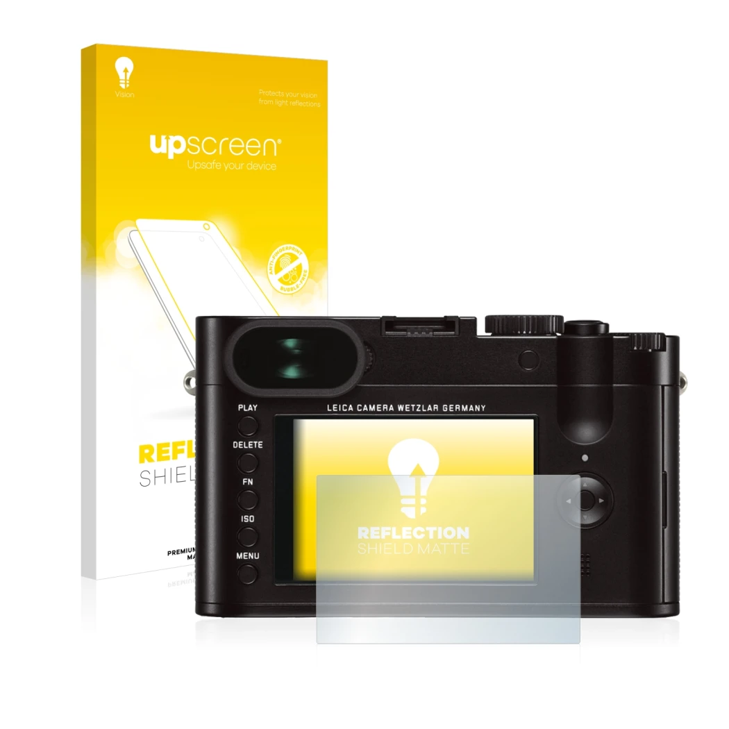 Vorderseite einer Produktverpackung mit dem Markenlogo upscreen. Daneben ist das Gerät Leica Q (Typ 116) mit dem zugehörigen D