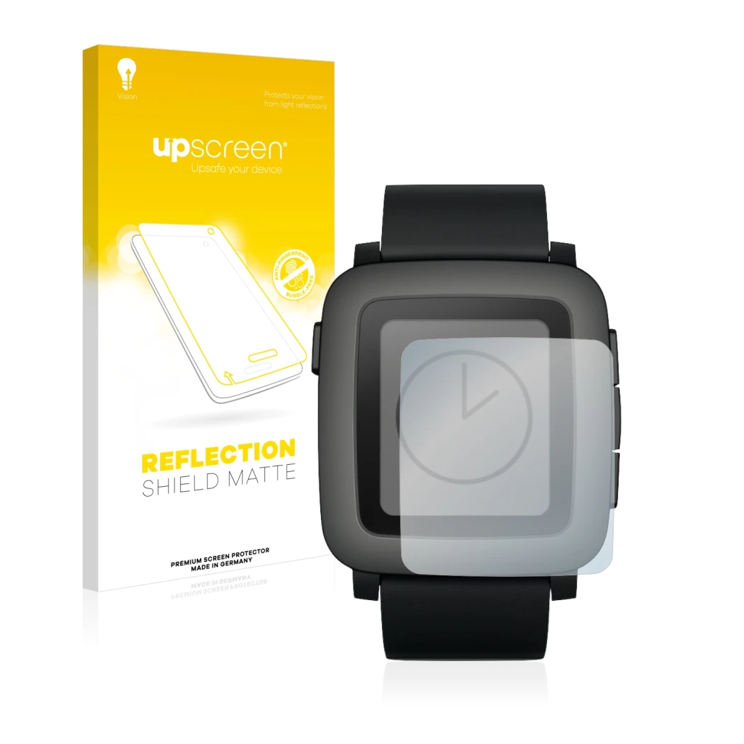Vorderseite einer Produktverpackung mit dem Markenlogo upscreen. Daneben ist das Gerät Pebble Time mit dem zugehörigen Display
