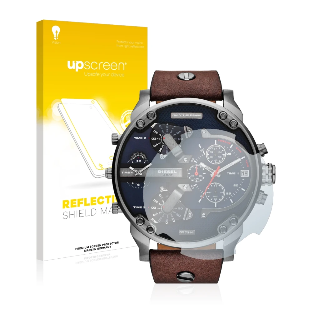 Vorderseite einer Produktverpackung mit dem Markenlogo upscreen. Daneben ist das Gerät Diesel DZ7314 Mr. Daddy mit dem zugehör