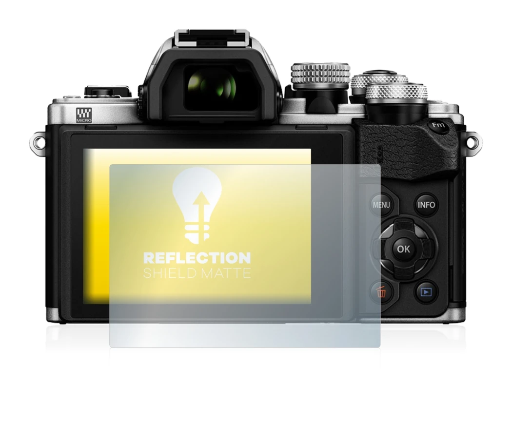 Abbildung des Geräts Olympus OM-D E-M10 Mark II mit einer Vielzahl des Displayschutzes.