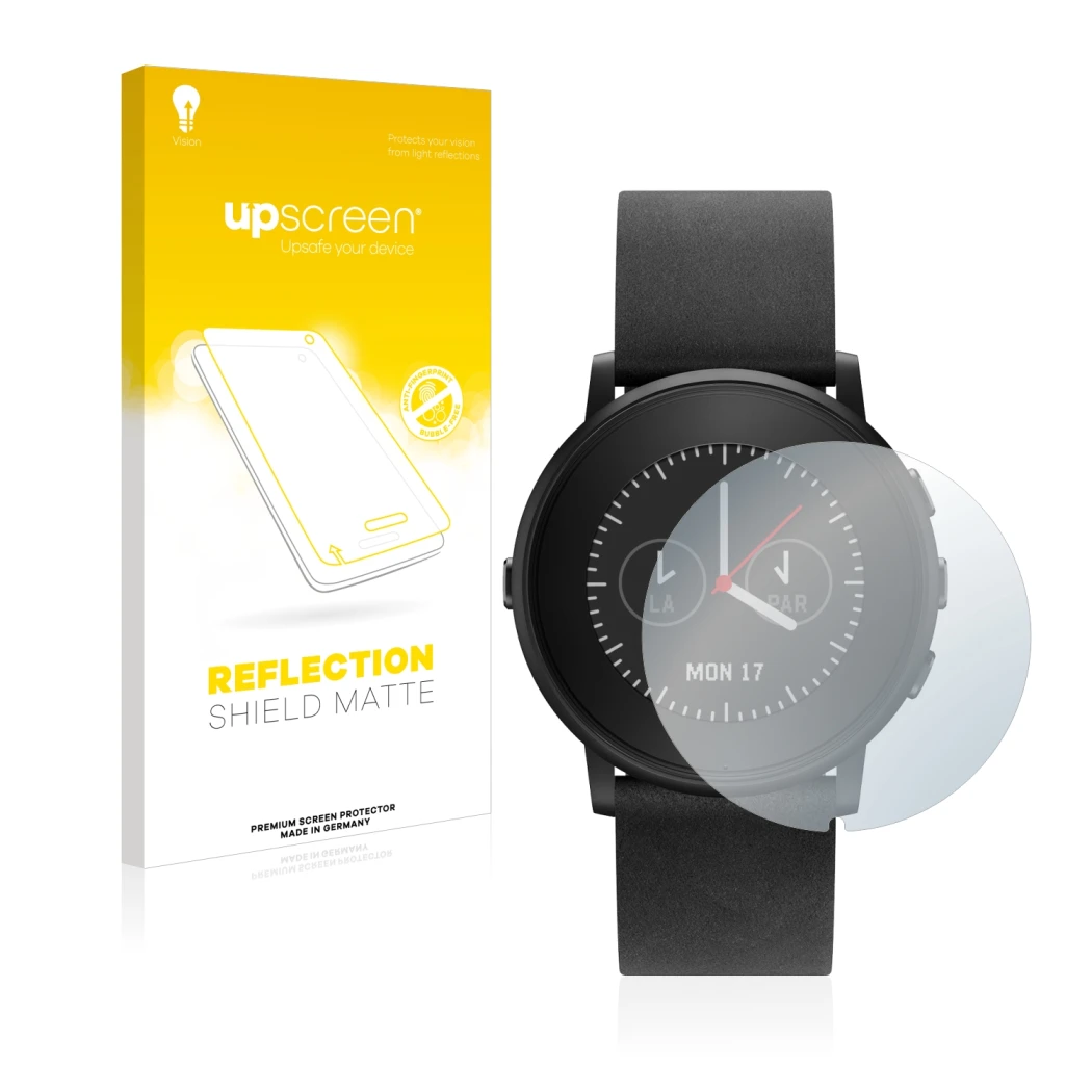 Vorderseite einer Produktverpackung mit dem Markenlogo upscreen. Daneben ist das Gerät Pebble Time Round mit dem zugehörigen D