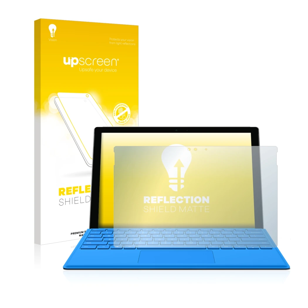 Vorderseite einer Produktverpackung mit dem Markenlogo upscreen. Daneben ist das Gerät Microsoft Surface Pro 4 mit dem zugehör