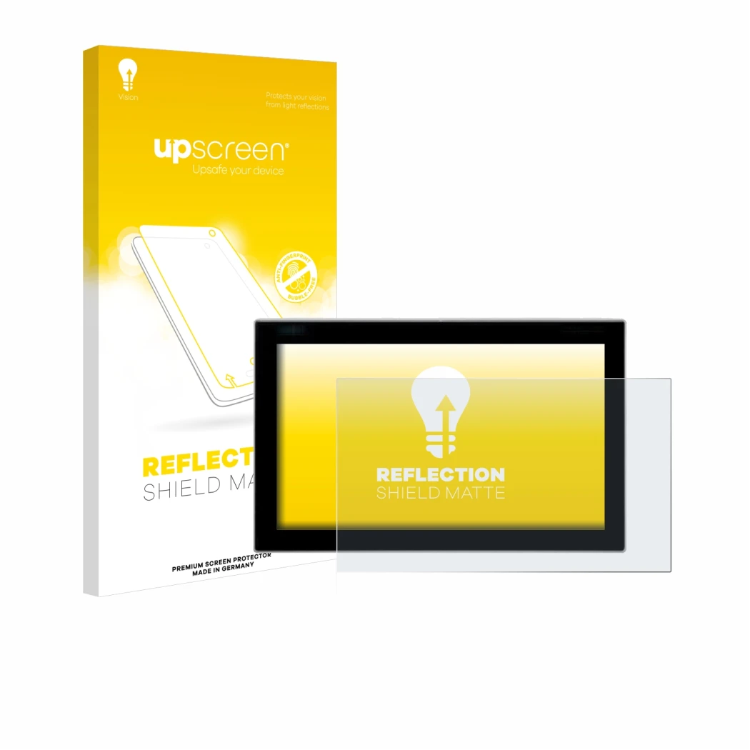 Vorderseite einer Produktverpackung mit dem Markenlogo upscreen. Daneben ist das Gerät Siemens Simatic Flat Panel 12