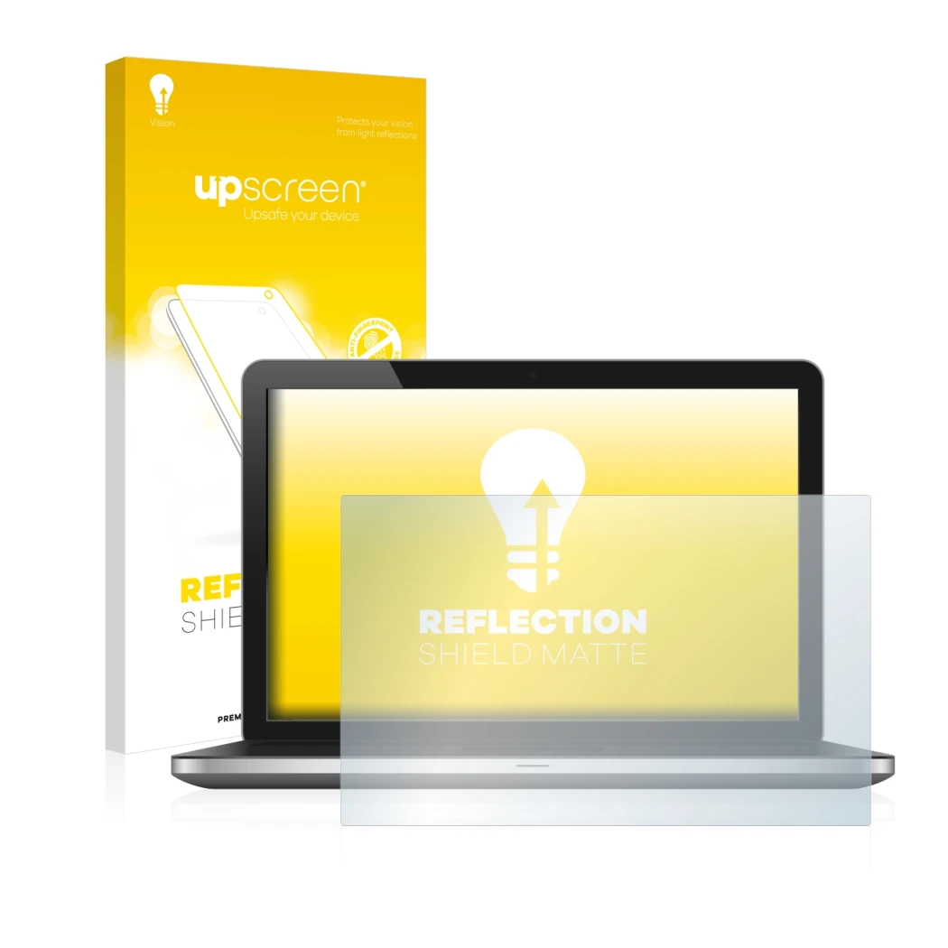 Vorderseite einer Produktverpackung mit dem Markenlogo upscreen. Daneben ist das Gerät mit dem zugehörigen Displayschutz abgeb